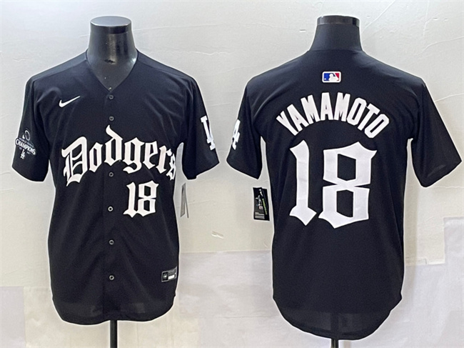 Men's Los Angeles Dodgers #18 Yoshinobu Yamamoto Black 2025 LA Gothic Style With 2024 World Series Champions Patch Vapor Premier Limited Stitched Baseball Jersey Men's Los Angeles Dodgers #18 Yoshinobu Yamamoto Black 2025 LA Gothic Style With 2024 World Series Champions Patch Vapor Premier Limited Stitched Baseball Jersey